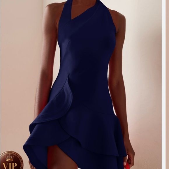 Fehaute Blue Asymmetrical Halter Cocktail Dress - Picture 1 of 4